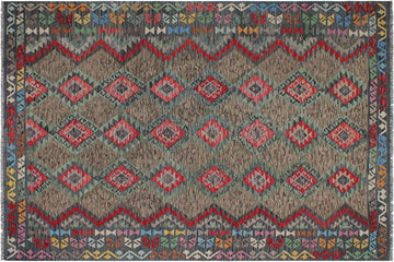 Flat Weave Kilim, Antique, Navaho, Vintage, Handmade, Geometric Kilim Green Charcoal Hand-Woven Rectangle 100% Wool Area Rug 8 x 10